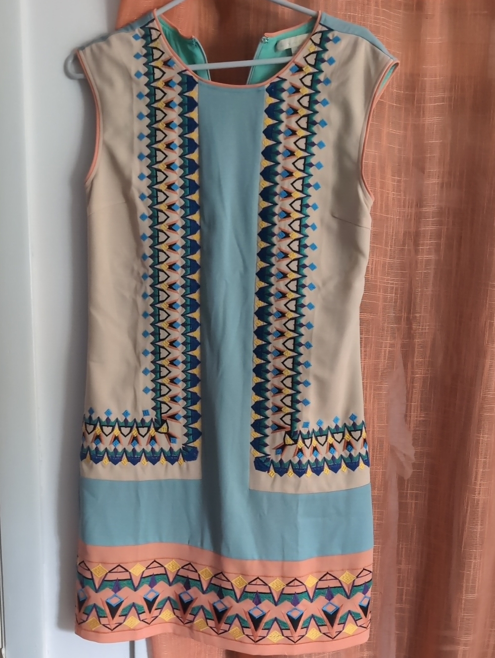 Sleeveless Embroidered Mini Dress in Light Blue and Cream